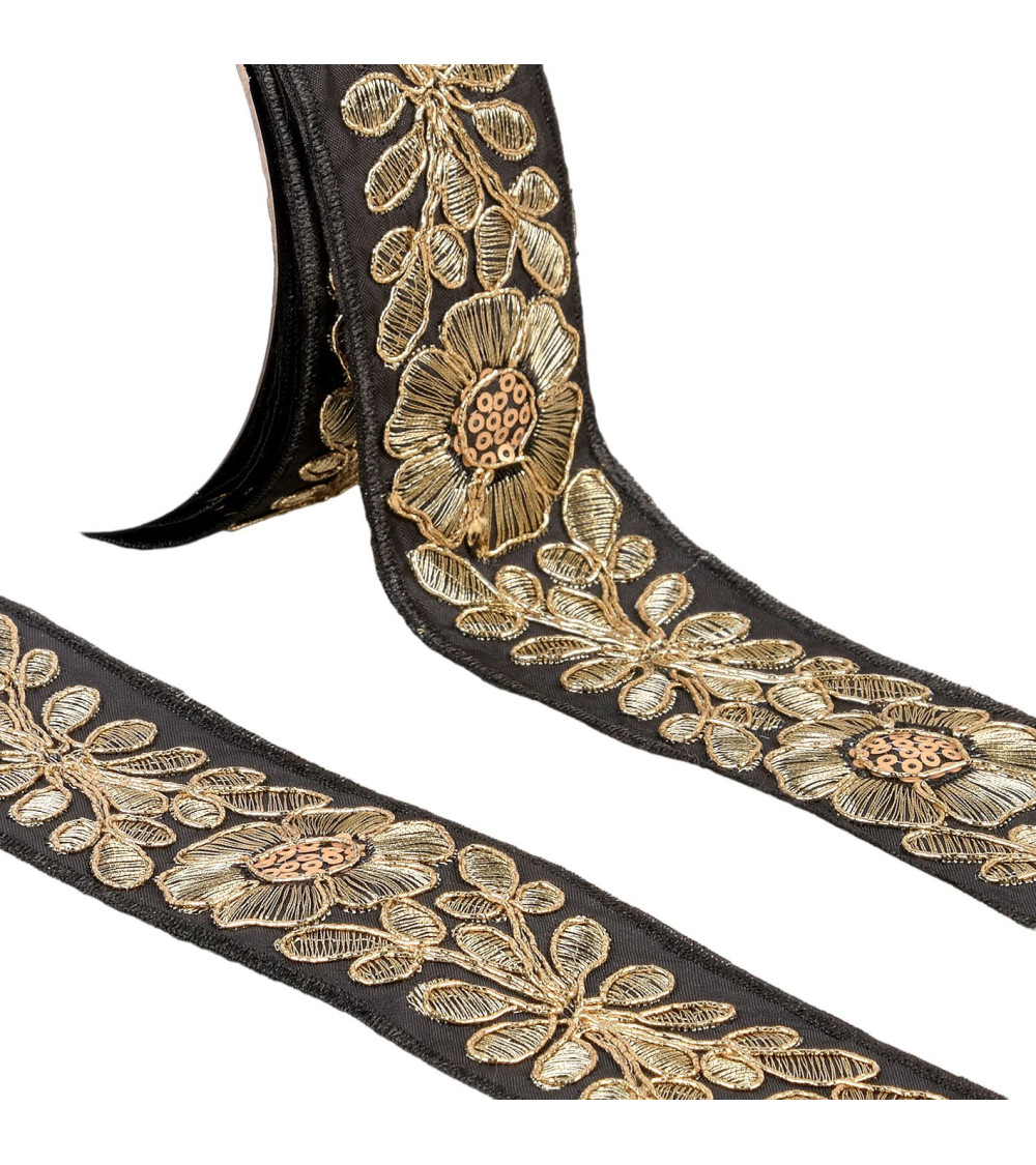 Embroidered flower braid 45mm black/gold by the meter