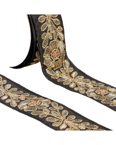 Gestickter Blumenzopf, 45 mm, Schwarz/Gold, Meterware