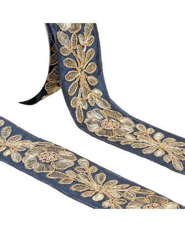 Gestickter Blumenzopf, 45 mm, Marineblau/Gold, Meterware