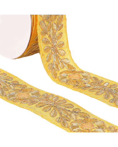 Gestickter Blumenzopf, 45 mm, Senfgelb/Gold, Meterware