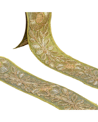 Galon fleurs brodées 45mm vert kaki/or au mètre