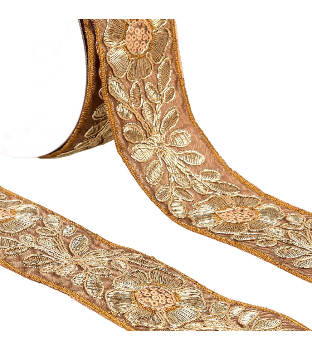 Embroidered flower braid 45mm brown/gold per meter