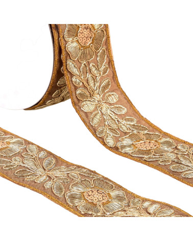 Galon fleurs brodées 45mm marron/or au mètre
