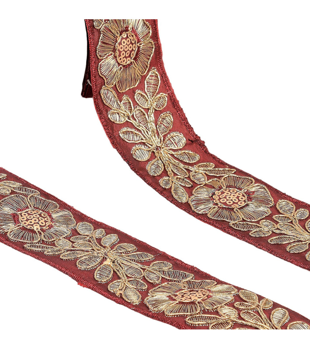 Embroidered flower braid 45mm burgundy red/gold by the meter