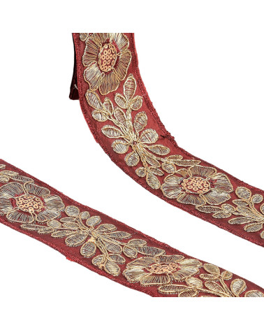 Embroidered flower braid 45mm burgundy red/gold by the meter