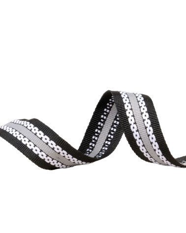Dreifarbiges Geflecht mit Ripsbandeffekt, 20 mm, Schwarz/Grau, Meterware