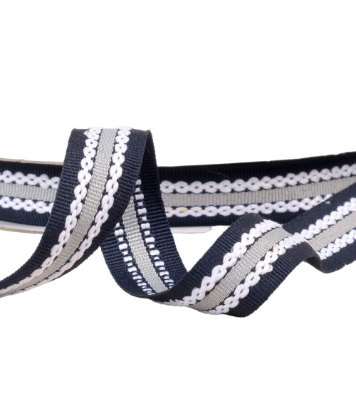 Tricolor braid with grosgrain effect 20mm navy gray per meter