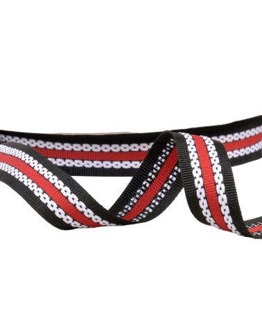Dreifarbiges Geflecht mit Ripsbandeffekt, 20 mm, Schwarz/Rot, Meterware