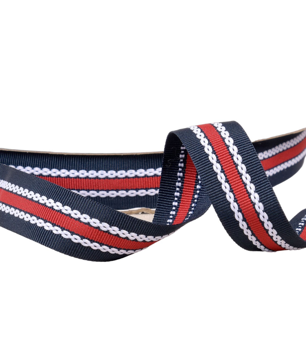 Tricolor braid with grosgrain effect 20mm navy/red by the meter