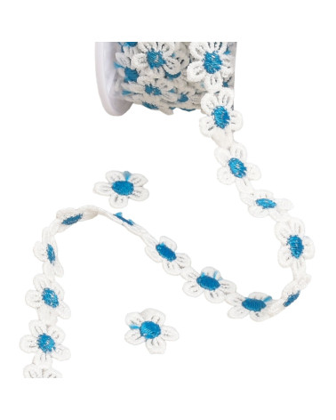 Bobina 13,5 m Guipure daisy 13 mm bianco/petrolio
