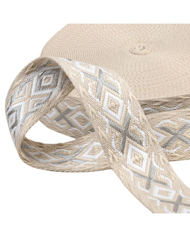 Bobine 14,5m sangle ethnique 38mm beige/argent