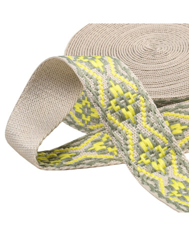 Bobine 14,5m sangle ethnique 38mm jaune citron