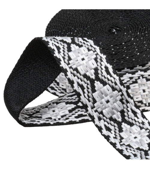 Ethnic strap 38mm black white per meter