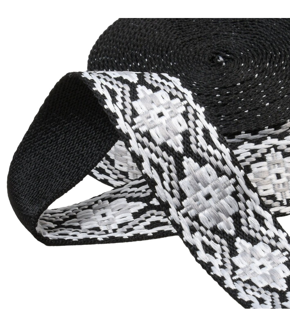 Ethnic strap 38mm black white per meter