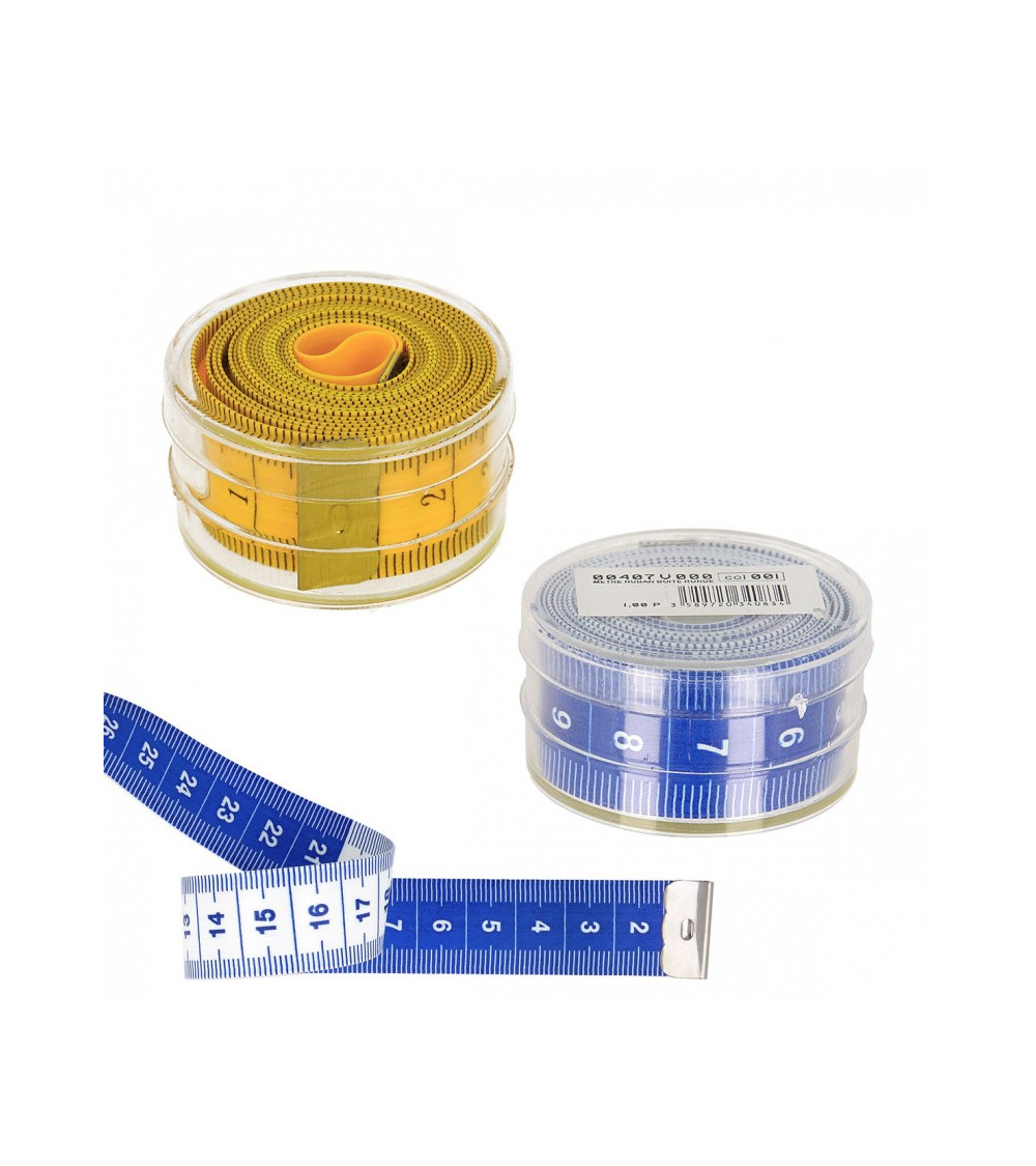 Blue measuring tape in plastic box