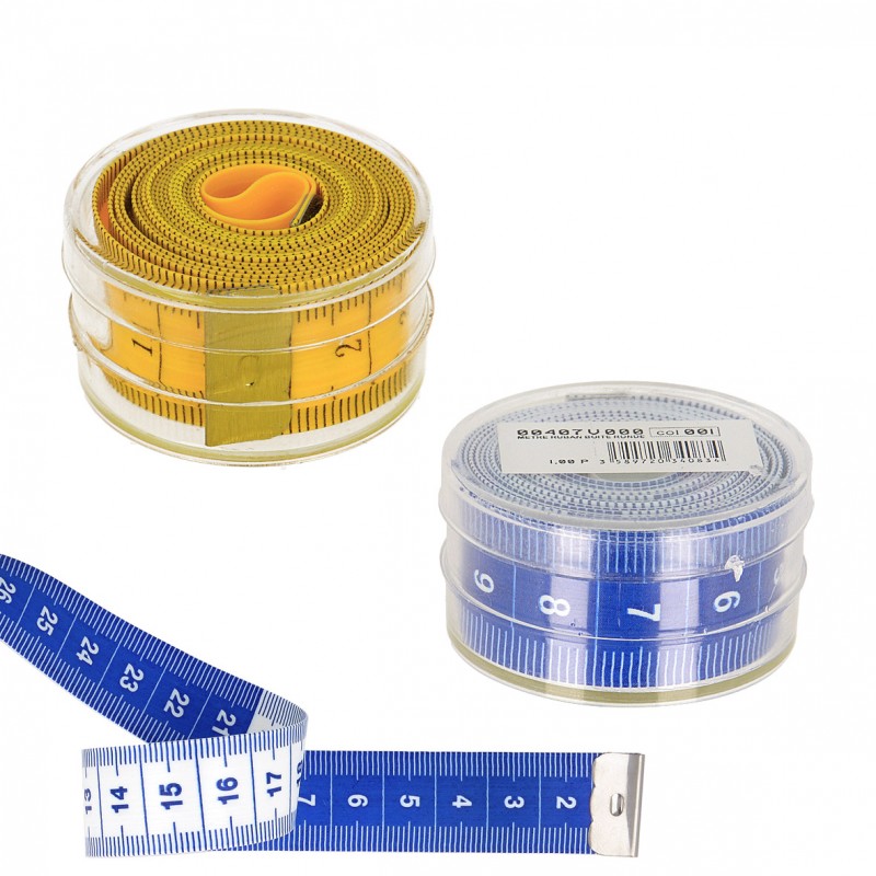 Mètre ruban dans boite plastique ronde / outil couturière, métre-ruban,  système pour mesurer
