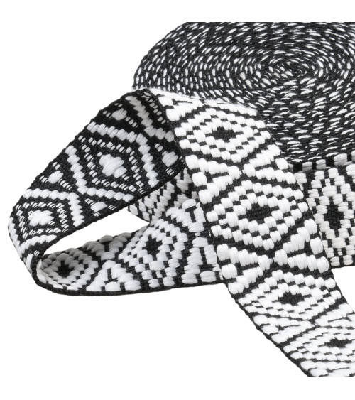 Ethnic strap 38mm black white per meter