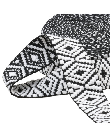 Ethnic strap 38mm black white per meter