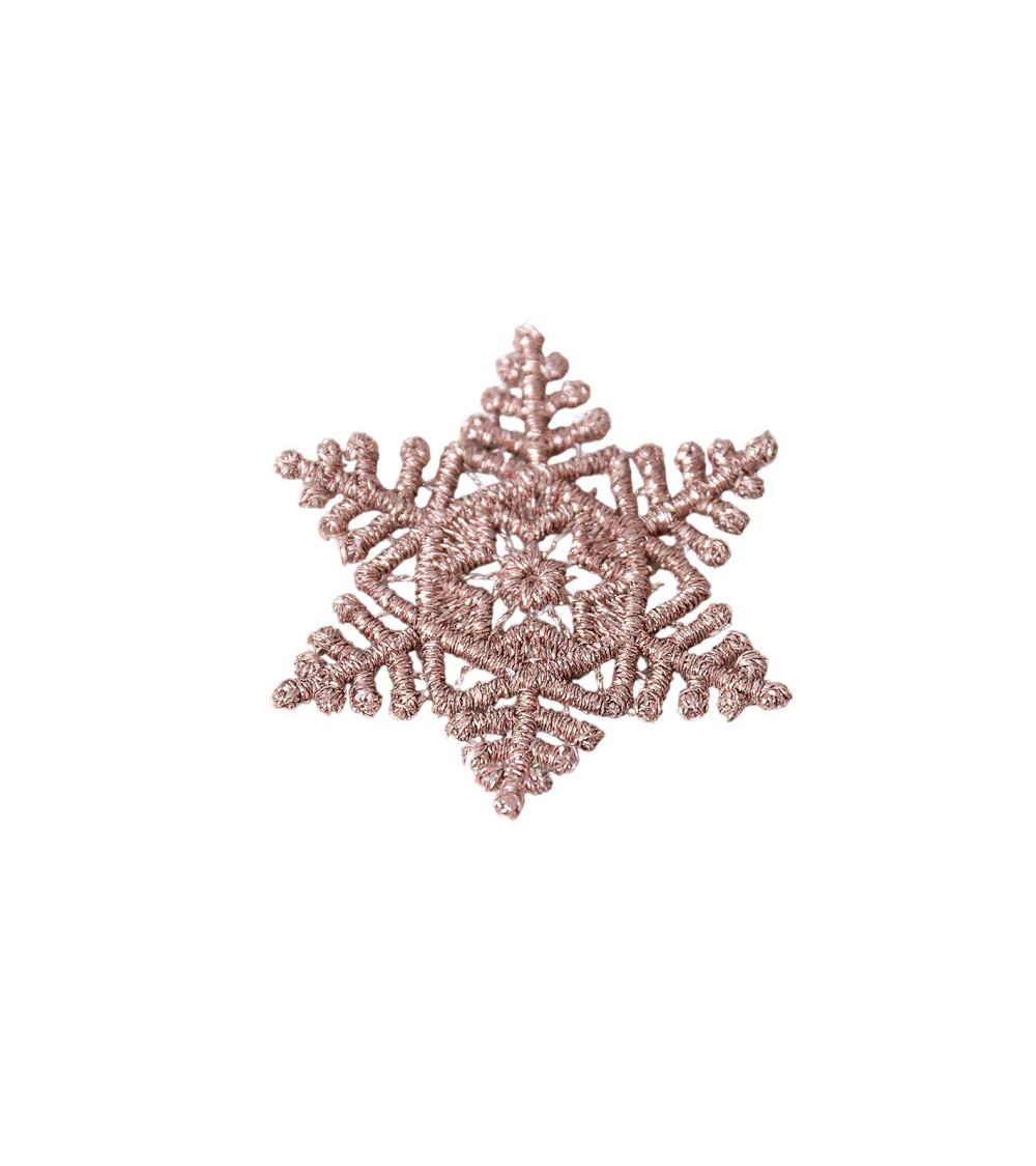 Set of 3 iron-on snowflake patches in rose gold 3.9cm x 3.9cm