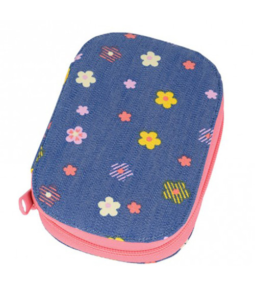 Sewing pouch 16x12cm multi-colored flowers jean backgrounds