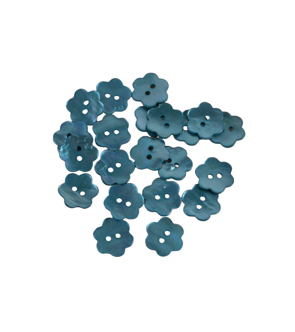 Set of 3 Mother-of-Pearl Flower Buttons in Petrol Blue