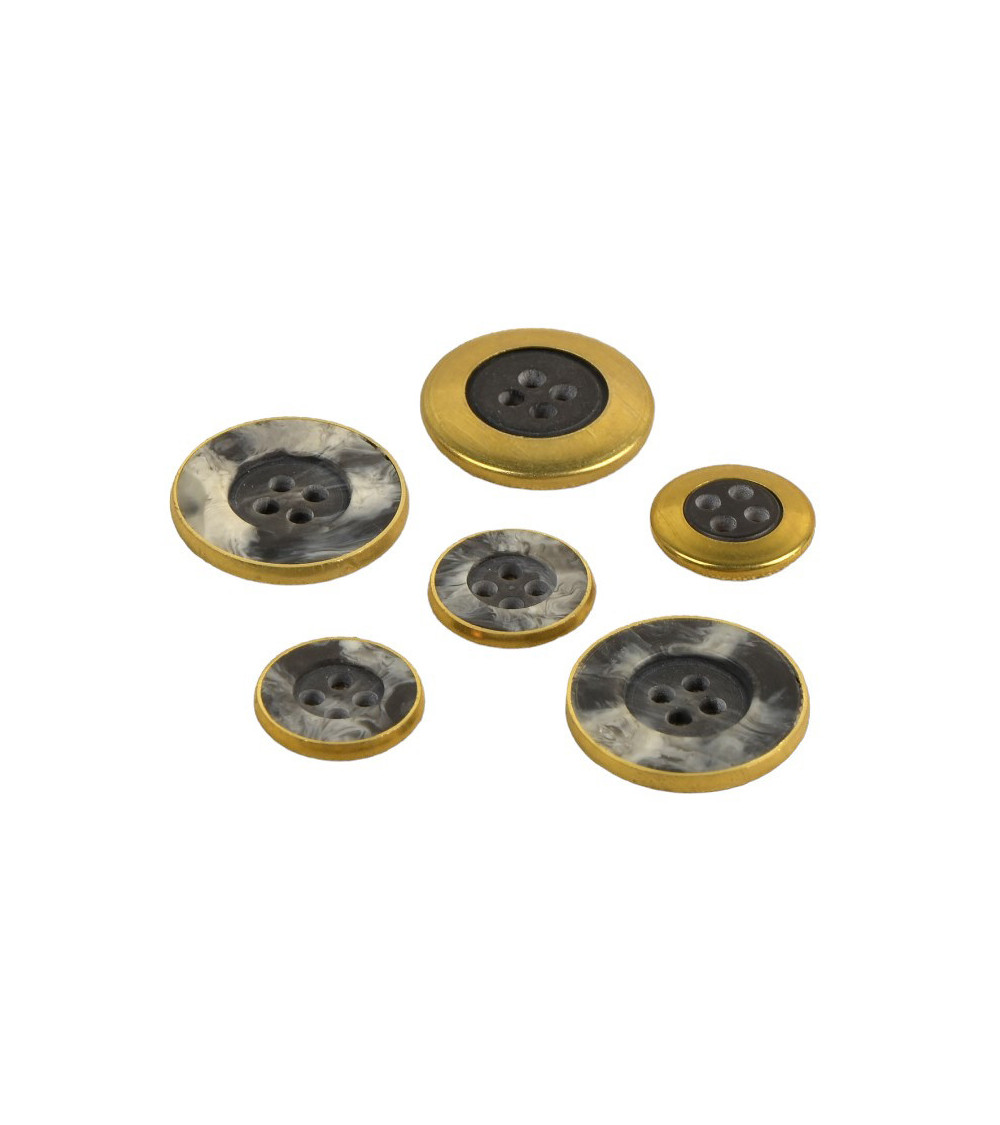 Set mit 3 schwarz/gold marmorierten Metallknöpfen mit 4 Löchern, hergestellt in Frankreich