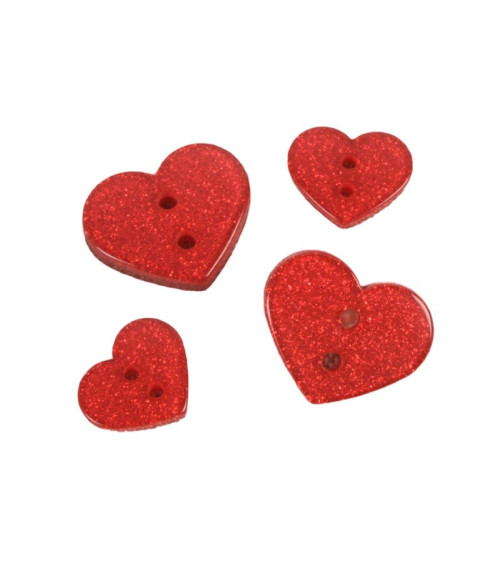 Set of 3 red glitter heart buttons