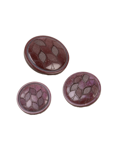 Set of 3 round buttons with dark burgundy red leaf tails