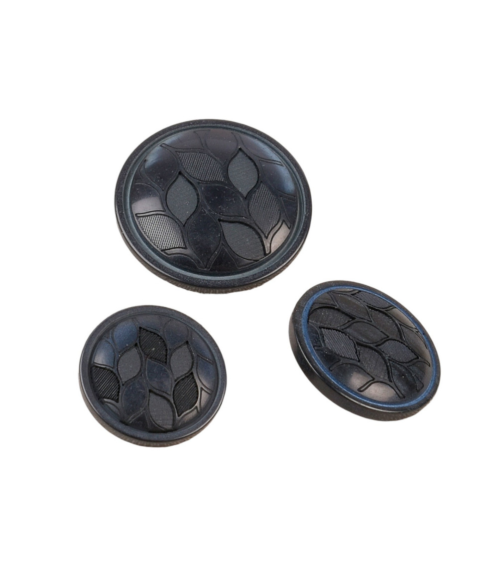 Set of 3 round buttons with navy blue leaf shank