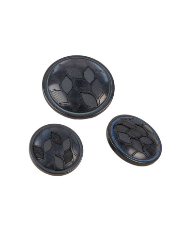 Set of 3 round buttons with navy blue leaf shank