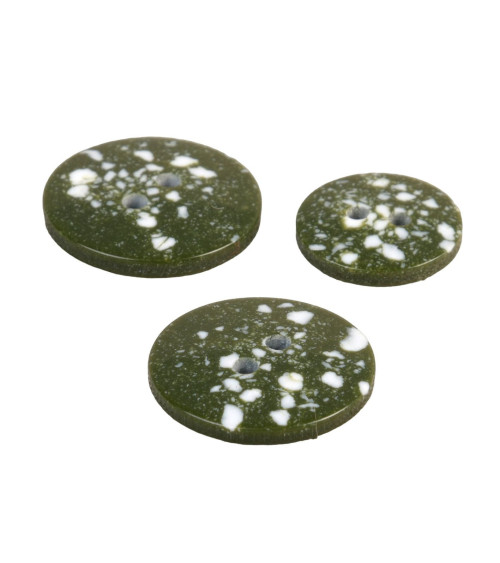 Set of 3 round buttons recycled plastic 2 holes khaki green