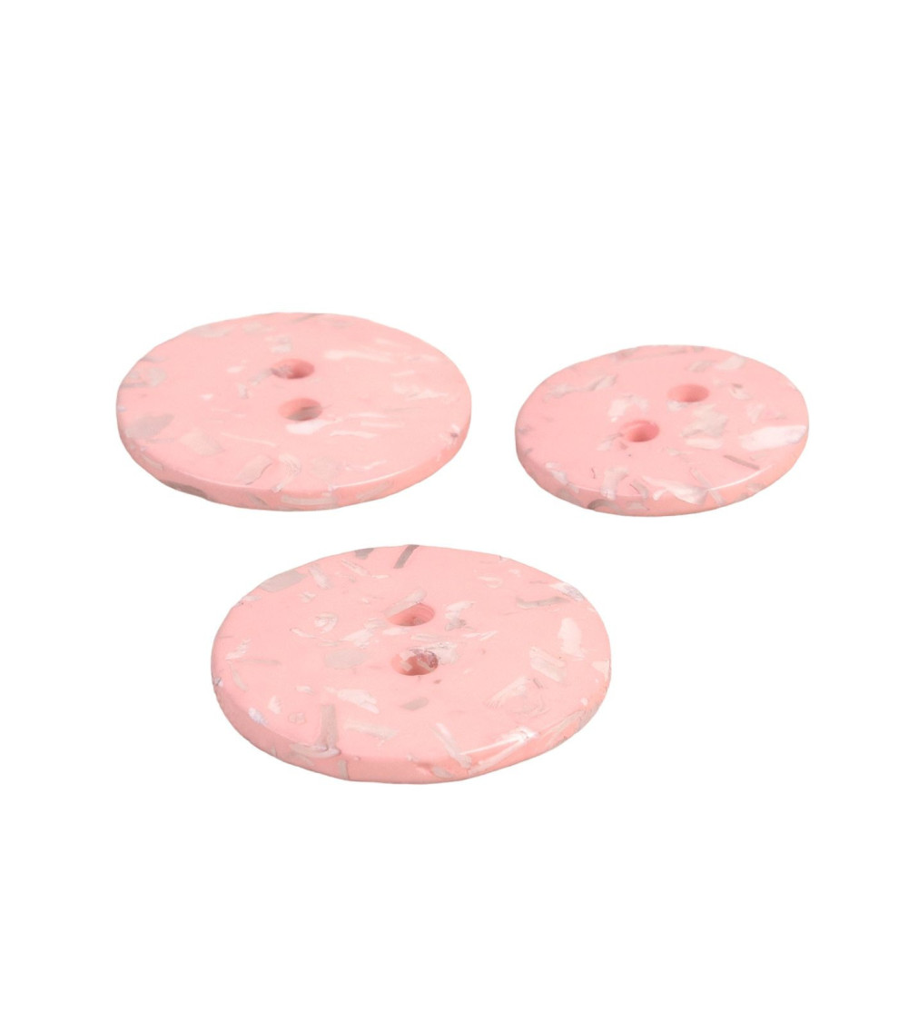 Set of 3 round buttons recycled bottles 2 holes pink