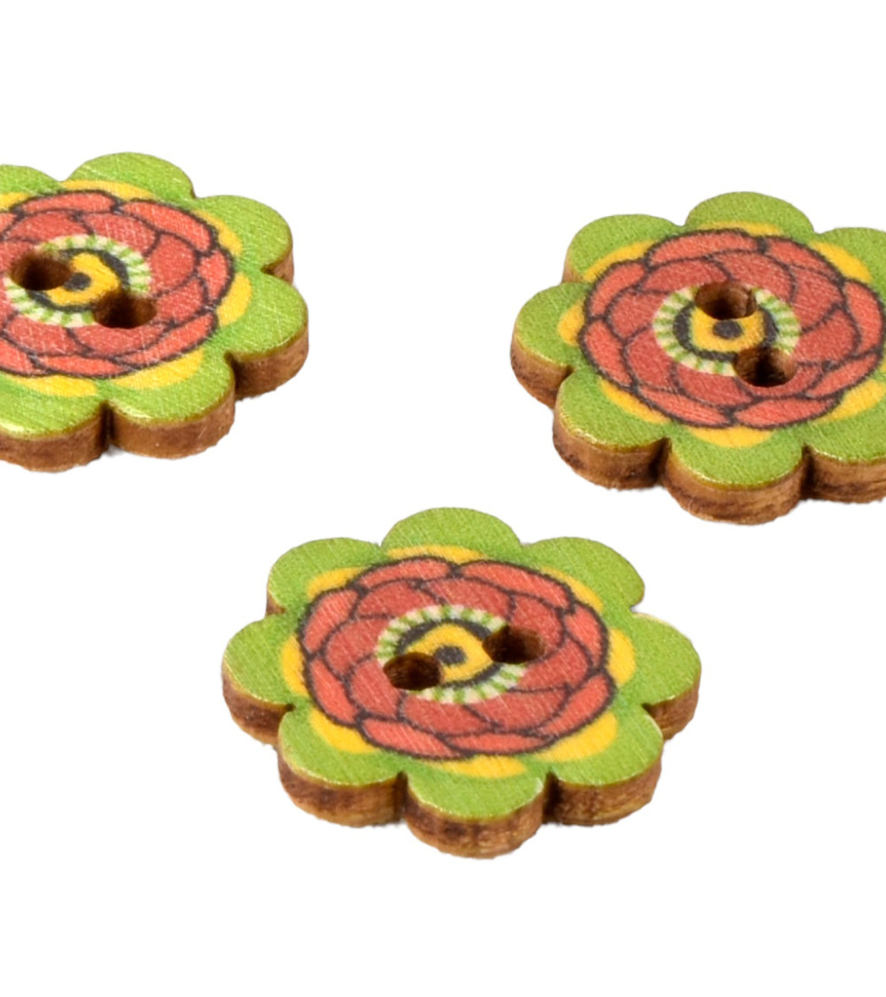 Set of 3 wooden buttons decorated with multicolored flower 20mm