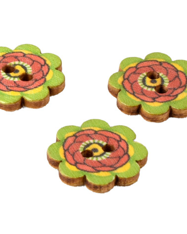 Set of 3 multi-colored decorated flower wooden buttons 20mm