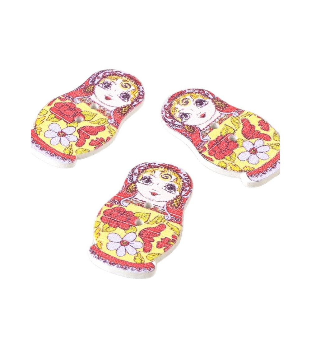 Set of 3 yellow and red Russian doll wooden buttons 30mm