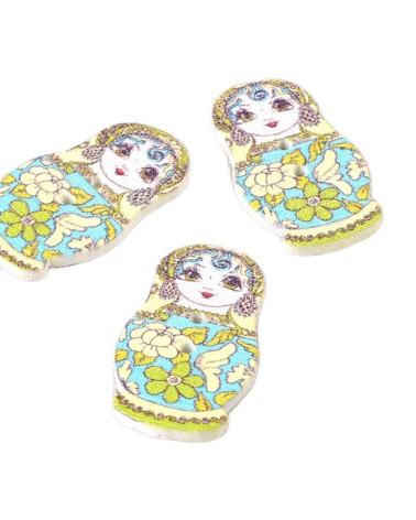 Set of 3 yellow and blue Russian doll wooden buttons 30mm