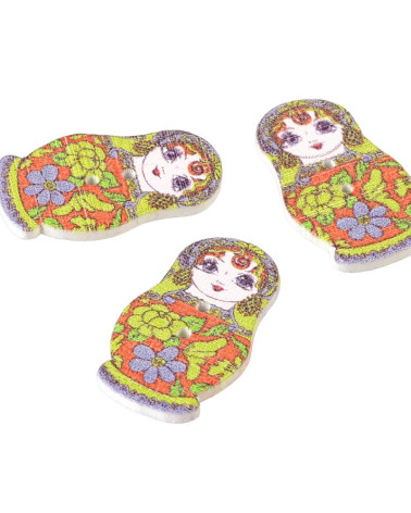 Lot de 3 boutons en bois poupée russe rouge et vert 30mm