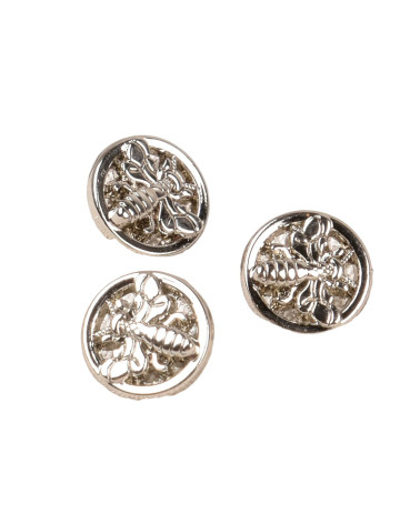 Set of 3 round bee buttons with alloy tail 10mm silver