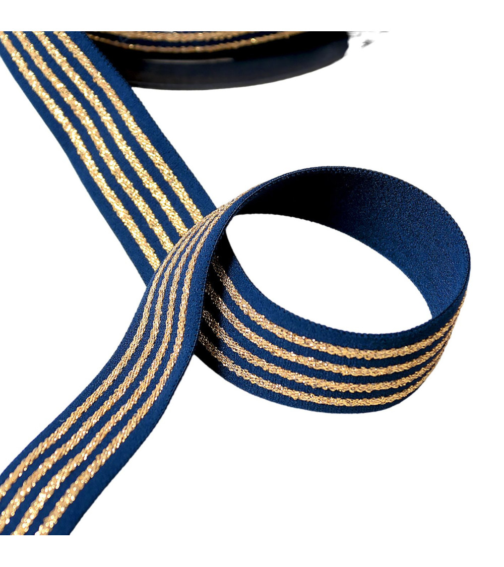20m spool of elastic 4 metallic bands 32mm navy blue/gold