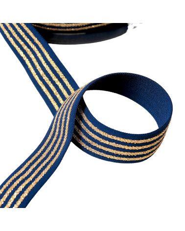 20m spool of elastic 4 metallic bands 32mm navy blue/gold