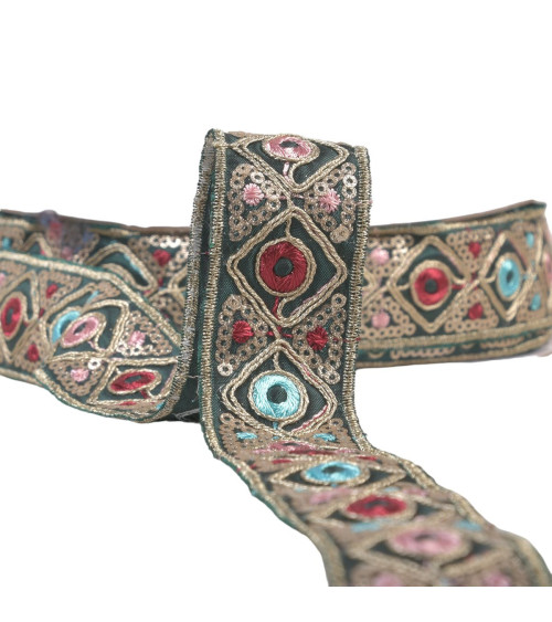 Embroidered Indian braid 30mm khaki green