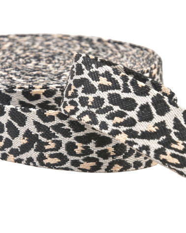 Bobine 14,5m sangle imprimé animalier léopard 38mm noir blanc