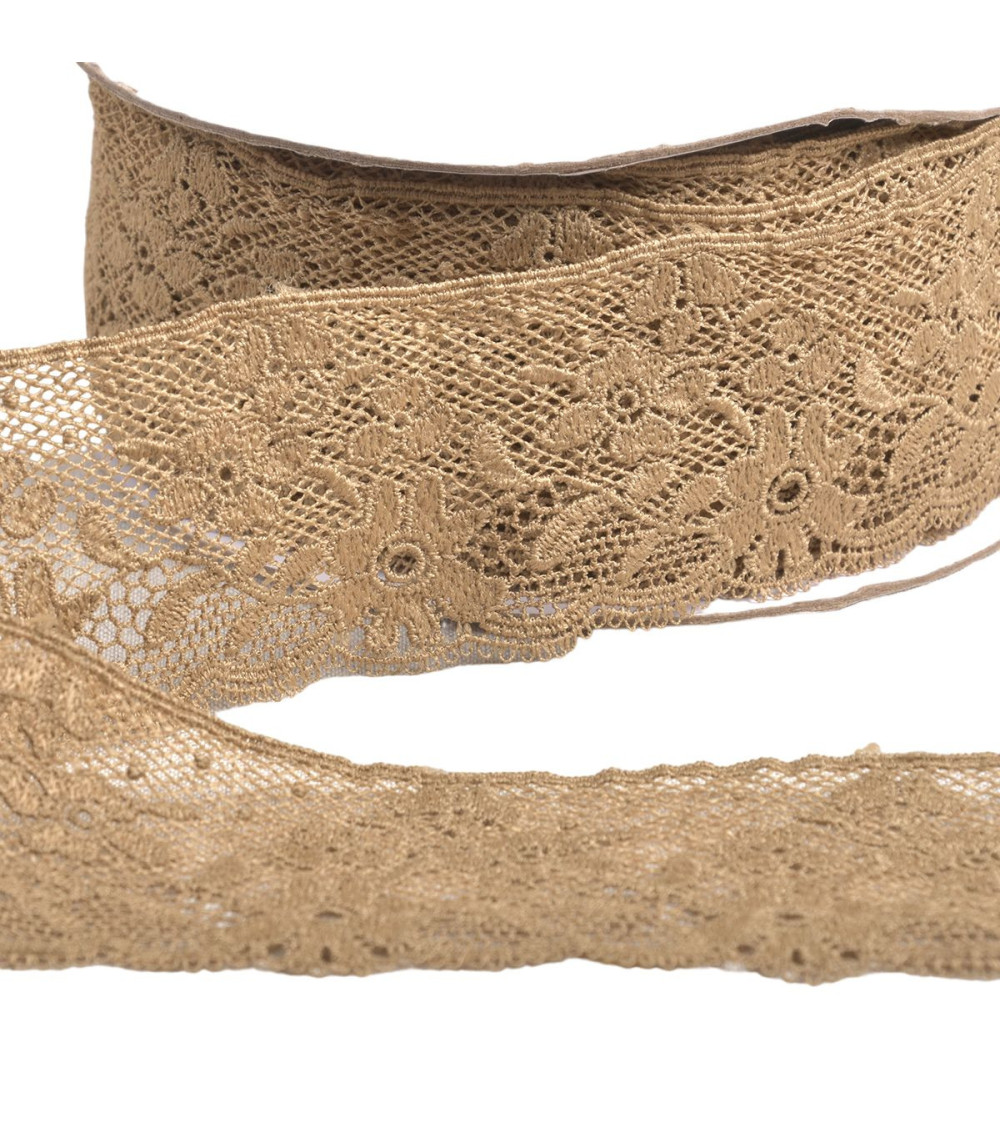 Spool 13.7m lace flowers 50mm chocolate brown