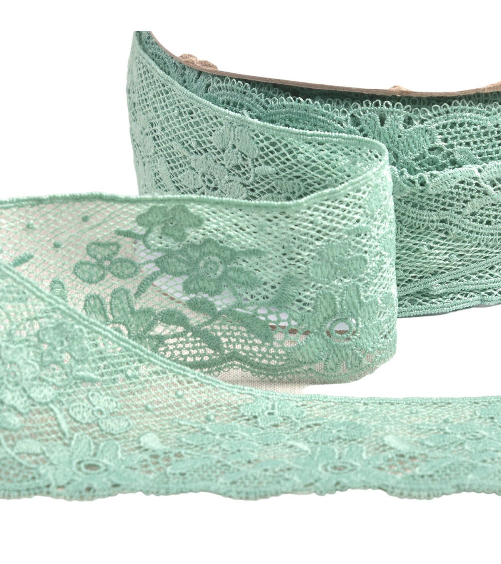 Bobine 13,7m dentelle fleurs 50mm vert kaki clair