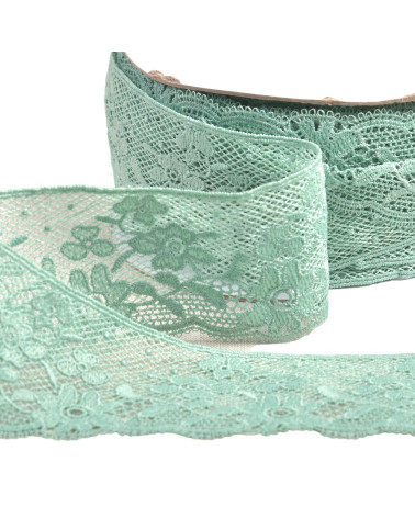 Bobine 13,7m dentelle fleurs 50mm vert kaki clair