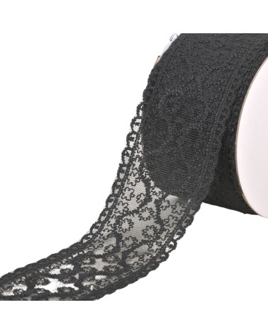 Bobine 13,7m dentelle entre deux petites fleurs 55mm noir