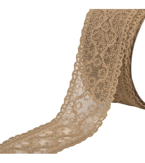 Spool 13.7m lace between two small flowers 55mm chocolate brown