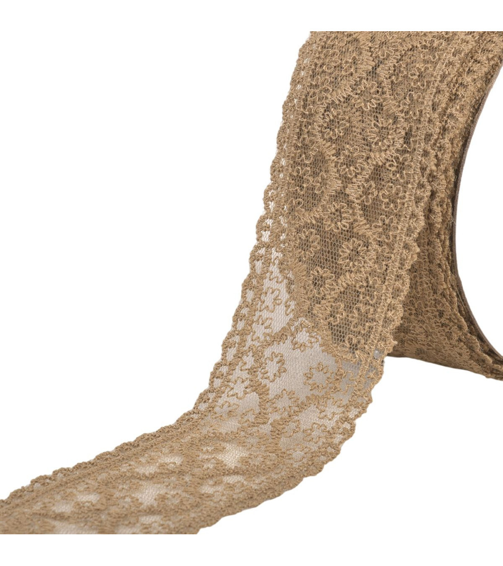 Bobina di pizzo da 13,7 m tra due fiorellini da 55 mm marrone cioccolato