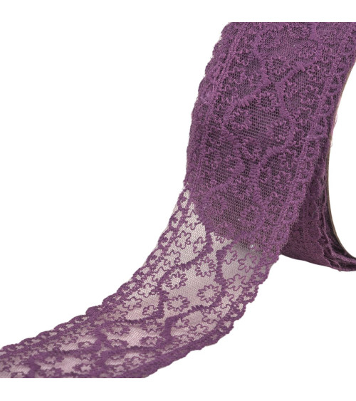 Bobine 13,7m dentelle entre deux petites fleurs 55mm prune