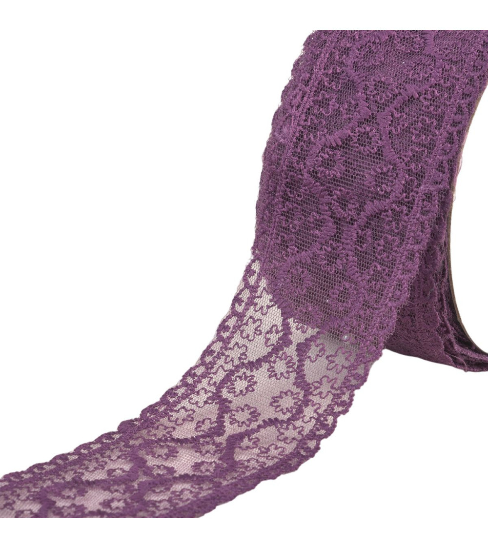 Bobbin 13.7m lace between two small flowers 55mm plum